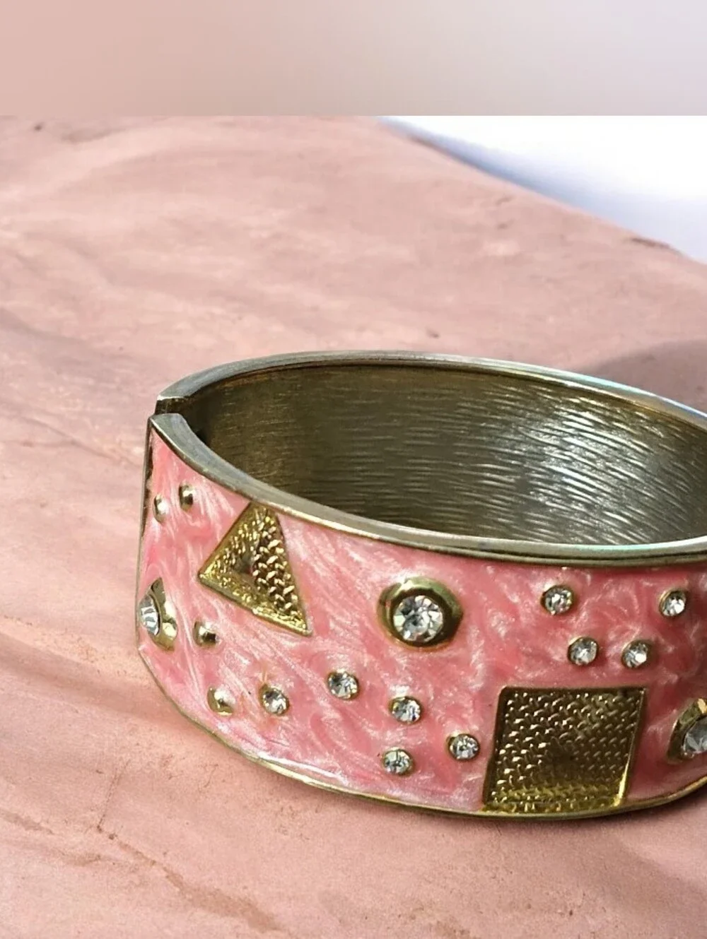 Gold-Tone Pearlized Crystal-Studded Pink & Cream Hinged Bangle